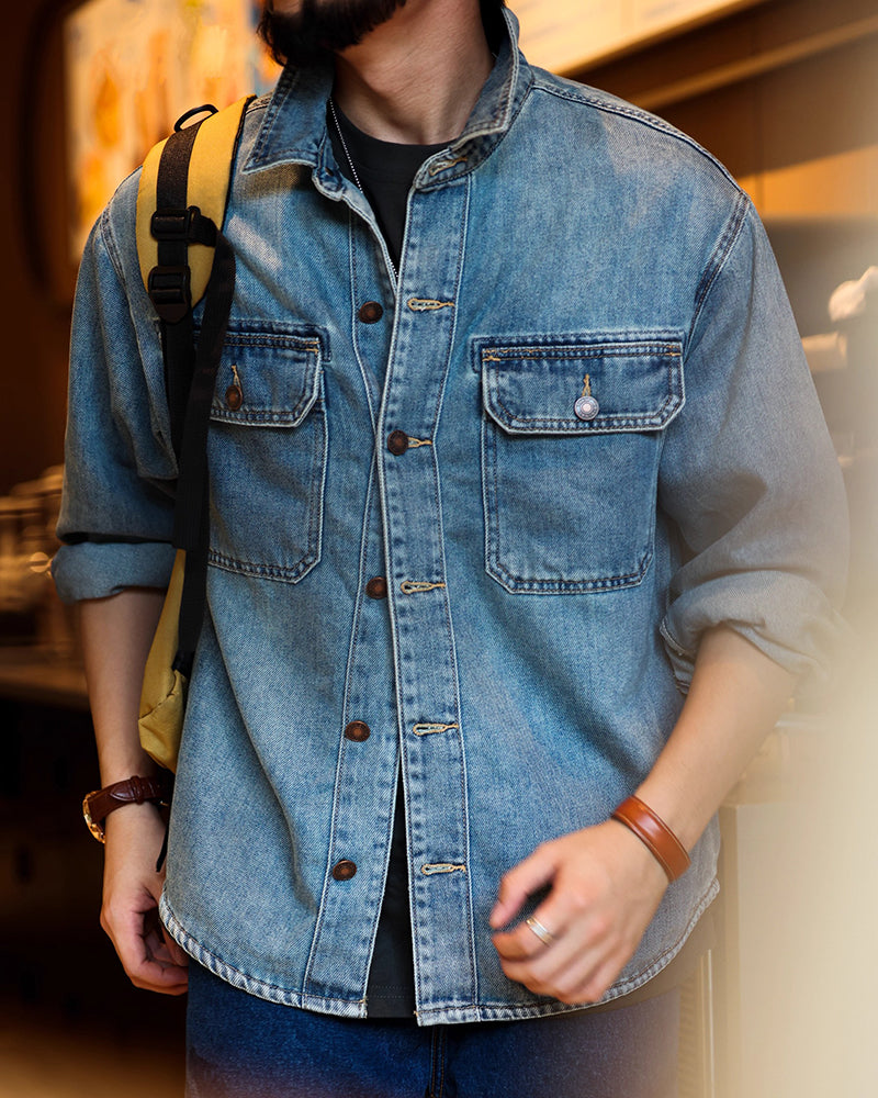 Vintage Washed Denim Shirt Work Jacket