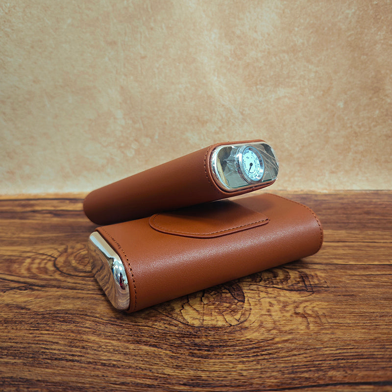 3-Cigar Genuine Leather Cigar Box with Top Hygrometer Display, Portable with Hygrometer Dial and Cedar Wood Lining