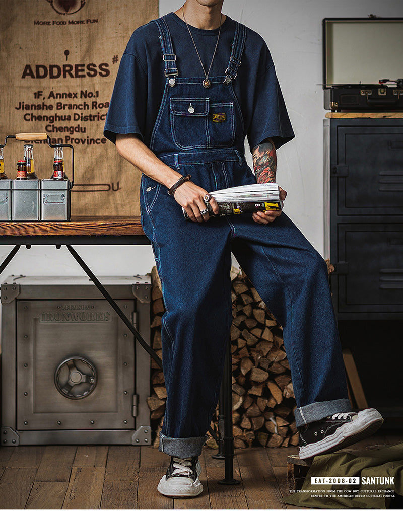 Retro Denim Casual Overall Naval Dungaree In Blue