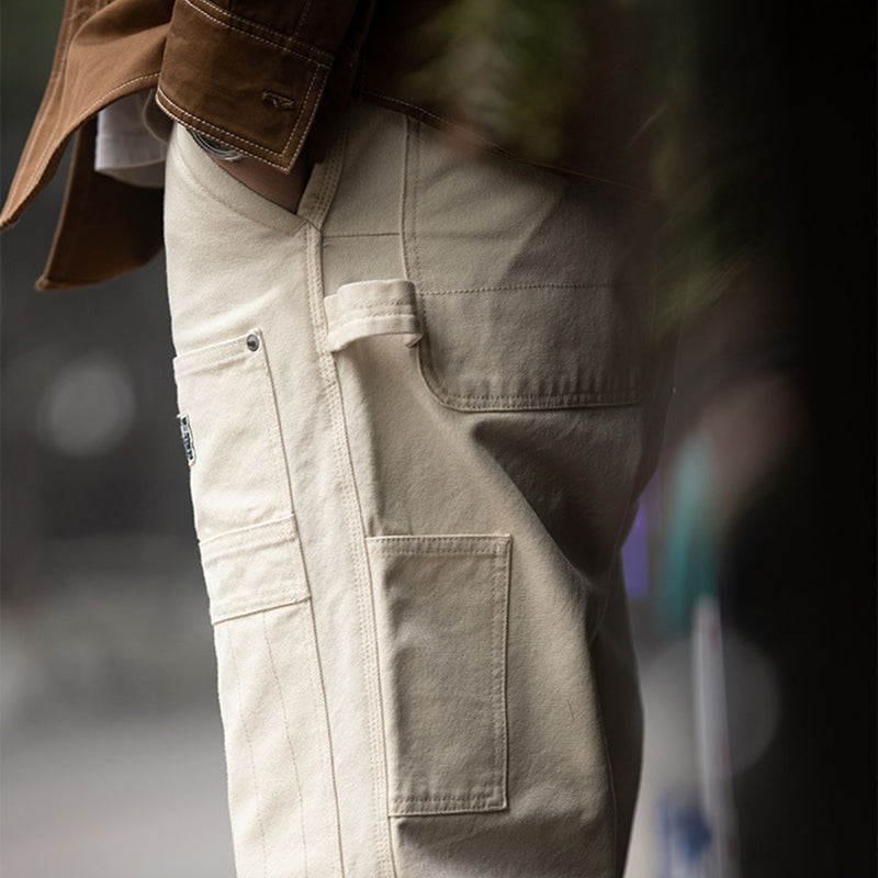 Retro Multi-pockets Workwear Beige Pants