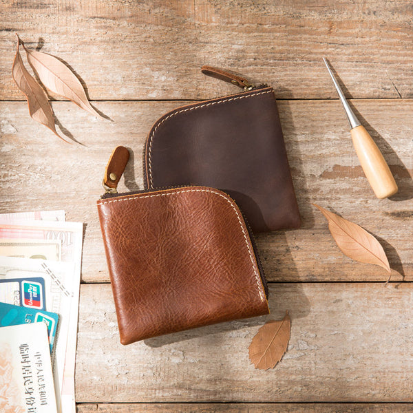 Original Hand-made Leather Short Zipper Wallet