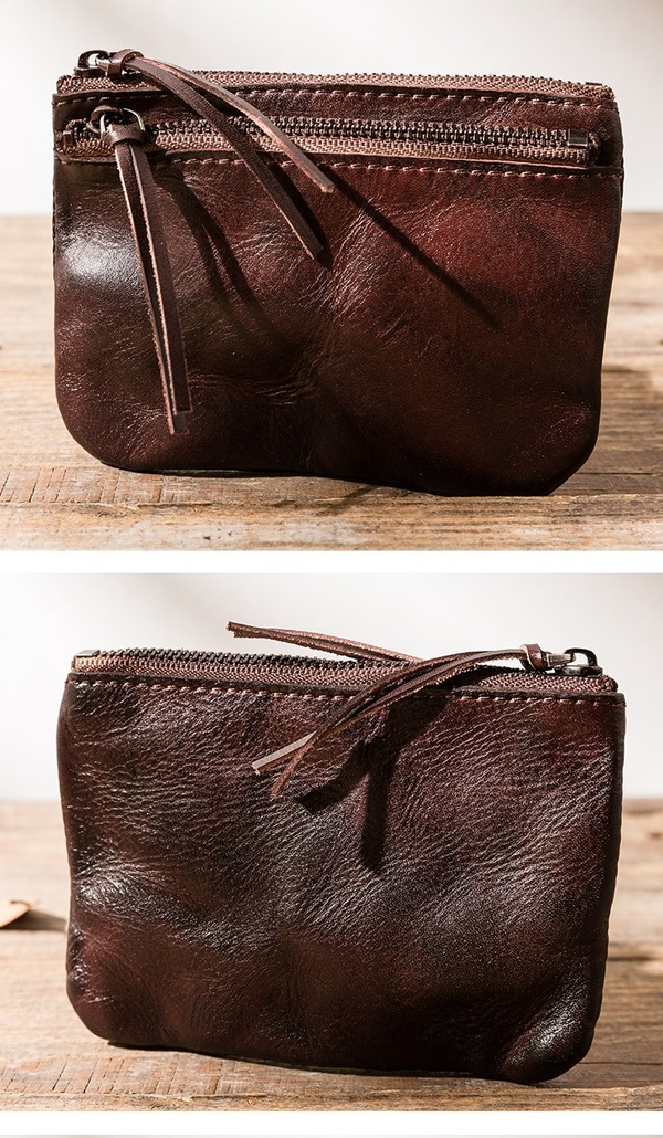 Retro Leather Handmade Zipper Card Holder Small Wallets