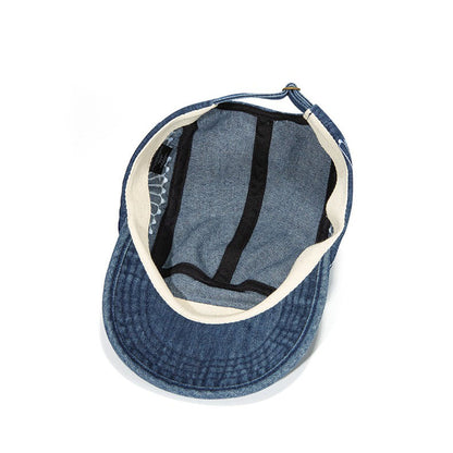 Retro Denim Embroidered Flip Hat Beret Adjustable Cap