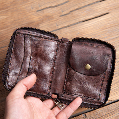 Retro Handmade Leather Zipper Small Wallet