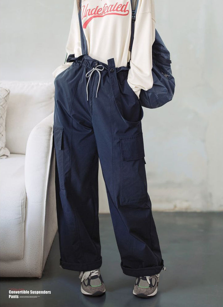 Retro Drawstring Overall Convertible Suspenders Pants