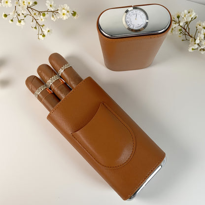 3-Cigar Genuine Leather Cigar Box with Top Hygrometer Display, Portable with Hygrometer Dial and Cedar Wood Lining