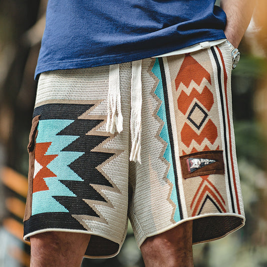 Vintage Navajo Totem Knitted Shorts Casual Embroidery Geometric Beach Short Pants Drawstring Elastic Waist Shorts