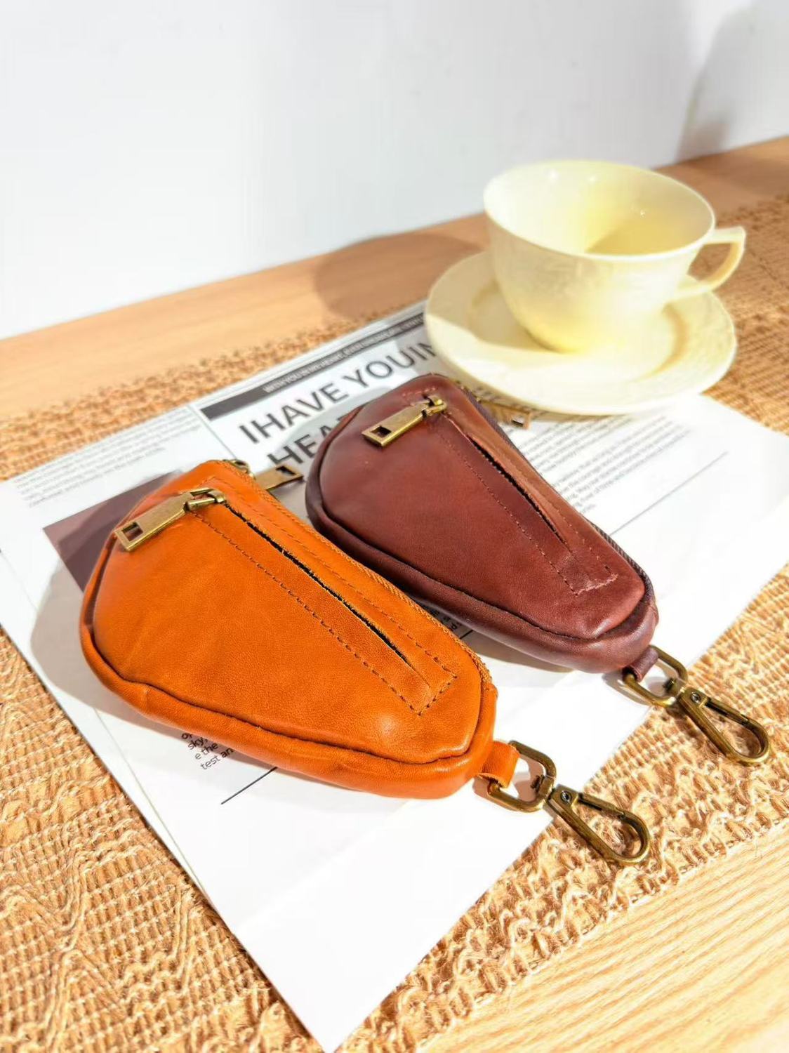 Retro Handmade Leather Key Bag Zipper Leather Wallet