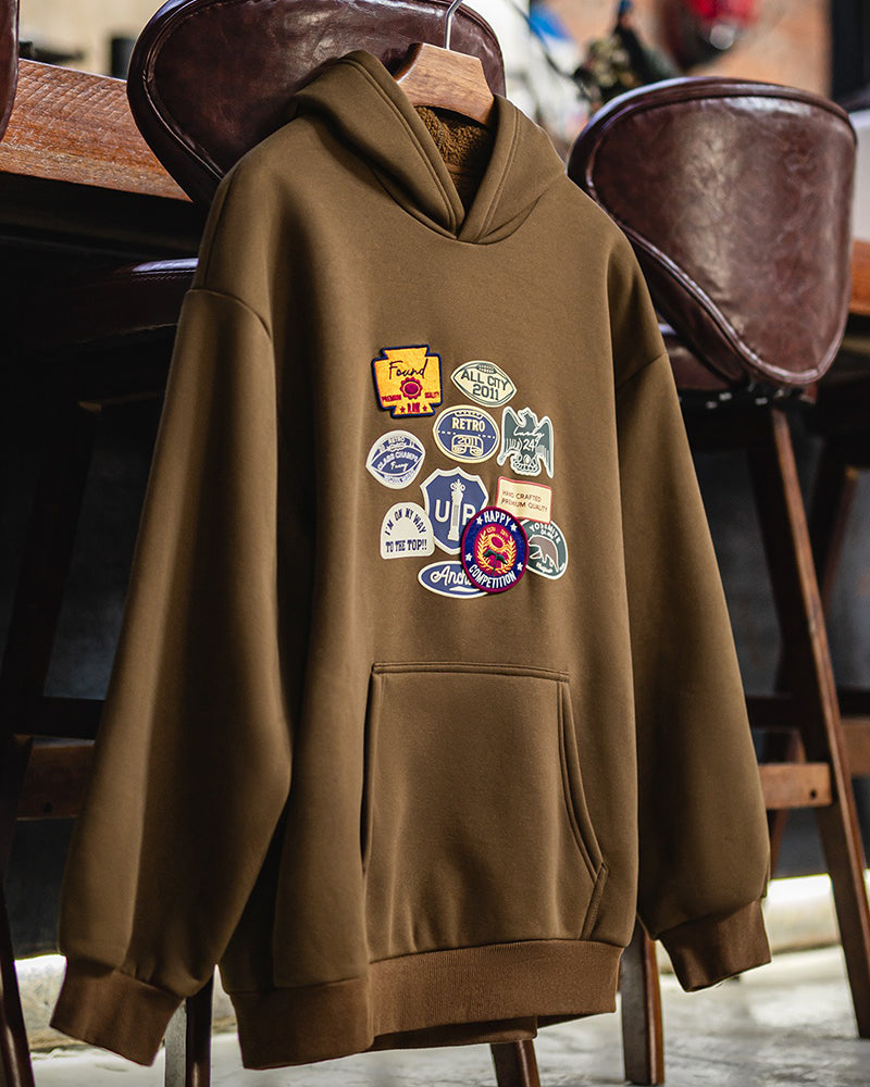 Retro Badge Embroidered Warm Hooded Sweatshirt