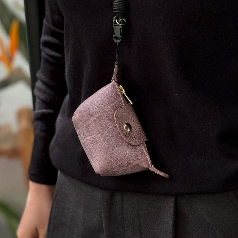 Retro Wax Leather Coin Purse Tanned Leather Lipstick Bag Headphone Bag