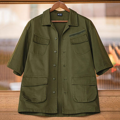 Retro Green Four-pocket Short-sleeved Shirt Military Style Shirt