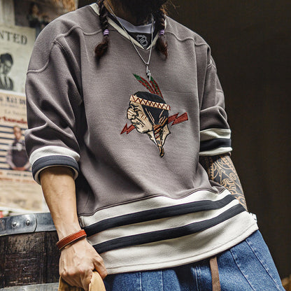 Retro V-neck Waffle Embroidered Knitted Sweatshirt Jacket