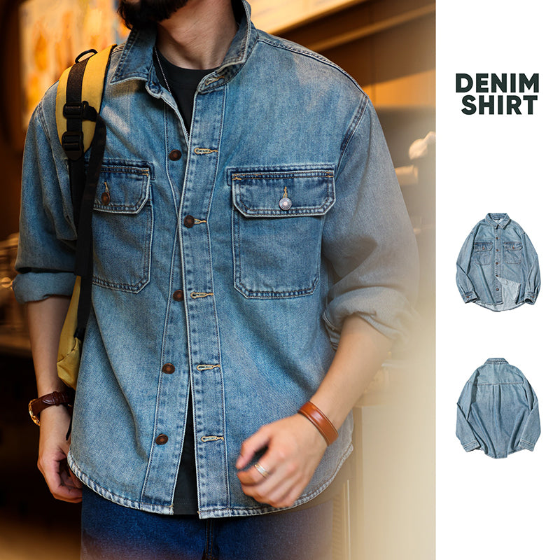 Vintage Washed Denim Shirt Work Jacket