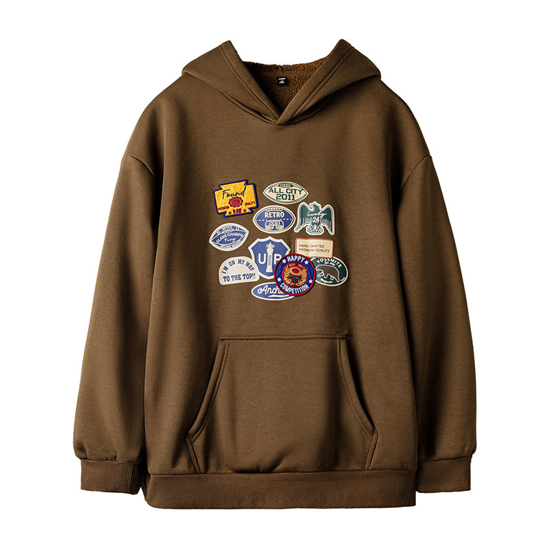 Retro Badge Embroidered Warm Hooded Sweatshirt