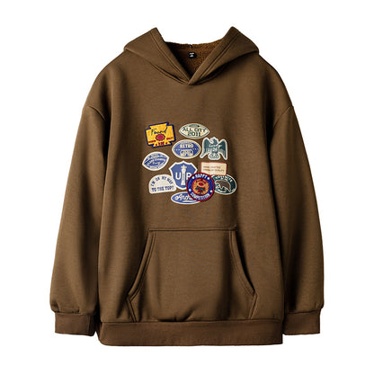 Retro Badge Embroidered Warm Hooded Sweatshirt
