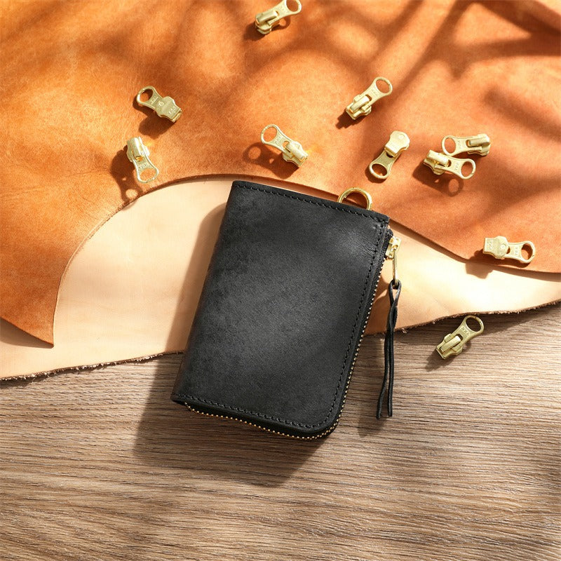 Retro Handmade Tanned Leather Short Zipper Wallet