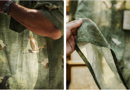 Retro Crane Print Breathable Short Sleeve Shirt