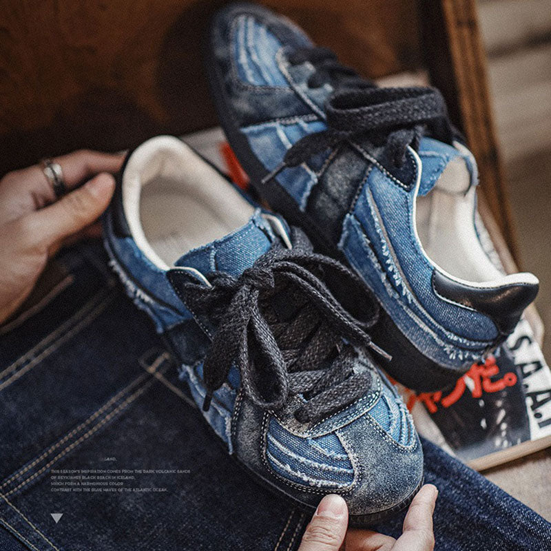 Retro Washed Denim Suede Army Trainers Shoes