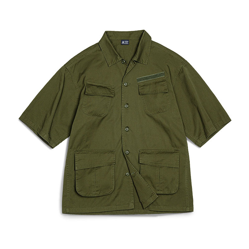 Retro Green Four-pocket Short-sleeved Shirt Military Style Shirt