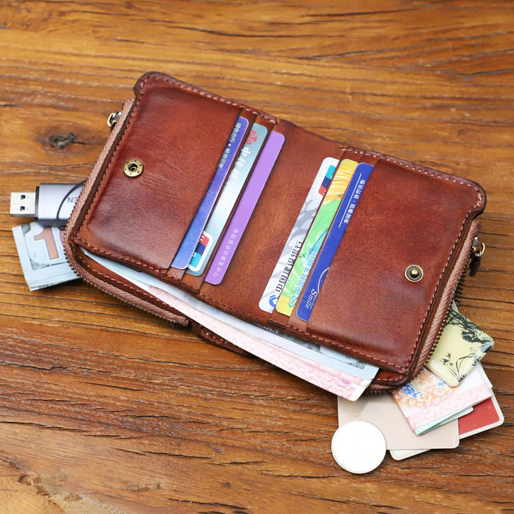 Retro Handmade Leather Zipper Solid Small Bifold Wallet
