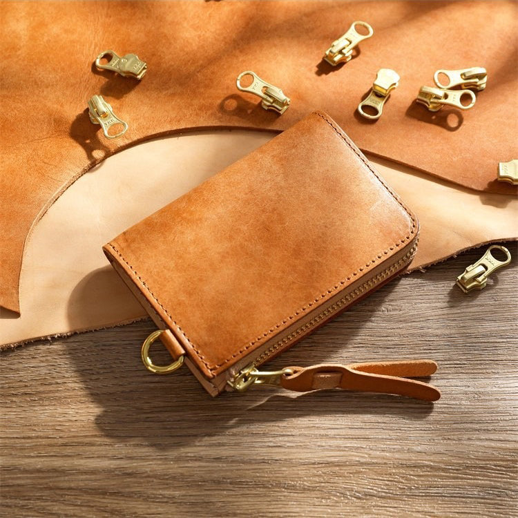 Retro Handmade Tanned Leather Short Zipper Wallet