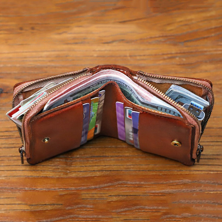 Retro Handmade Leather Zipper Solid Small Bifold Wallet