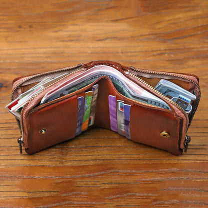 Retro Handmade Leather Zipper Solid Small Bifold Wallet
