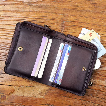 Retro Handmade Leather Zipper Solid Small Bifold Wallet