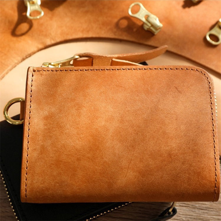 Retro Handmade Tanned Leather Short Zipper Wallet