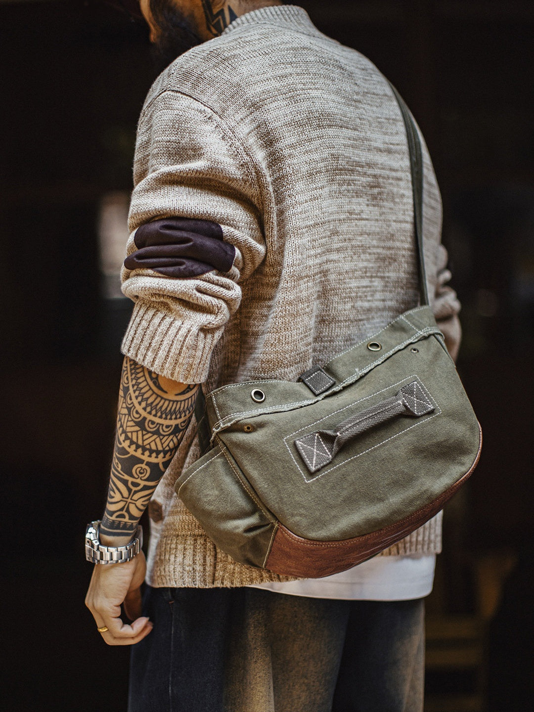 Vintage Stitching Shoulder Bag Army Green Crossbody Bag Large Capacity Commuter Bag