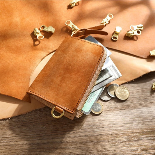 Retro Handmade Tanned Leather Short Zipper Wallet