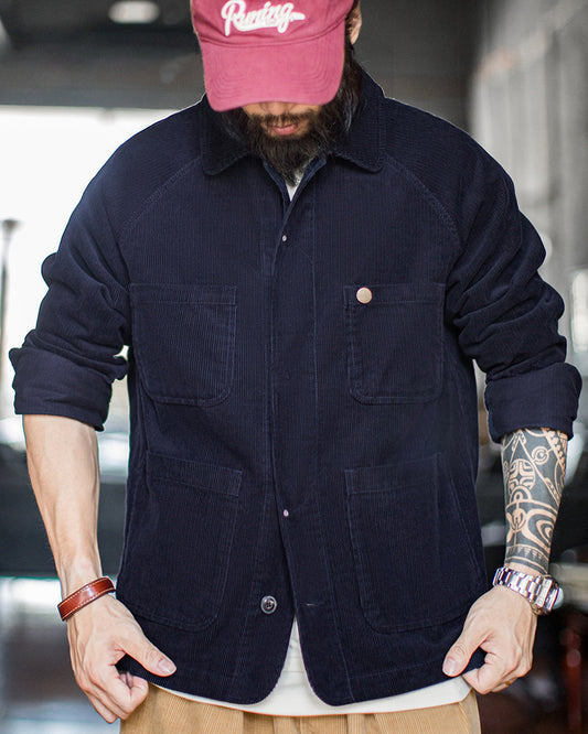 Vintage Corduroy Four-pocket Safari Jacket Navy Blue Coat