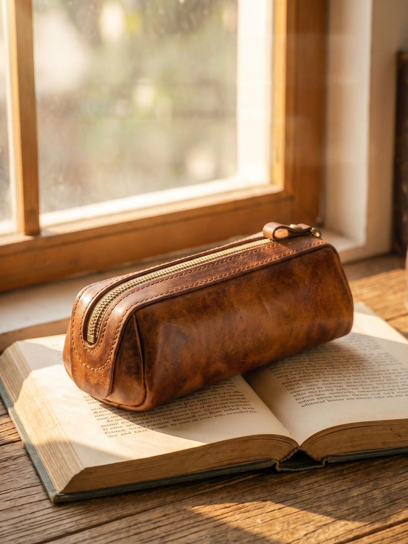 Retro Handmade Leather Pencil Case Travel Storage Bag Cosmetic Bag