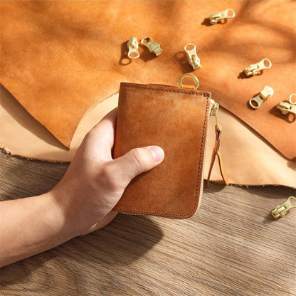 Retro Handmade Tanned Leather Short Zipper Wallet
