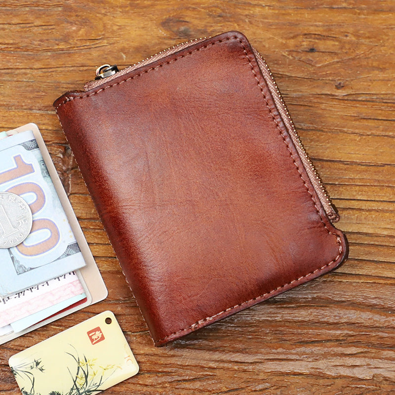 Retro Handmade Leather Zipper Solid Small Bifold Wallet