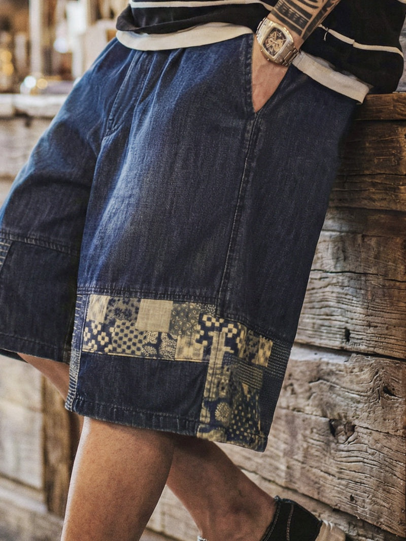 Retro Boro Style Washed Denim Cloth Spliced Denim Shorts