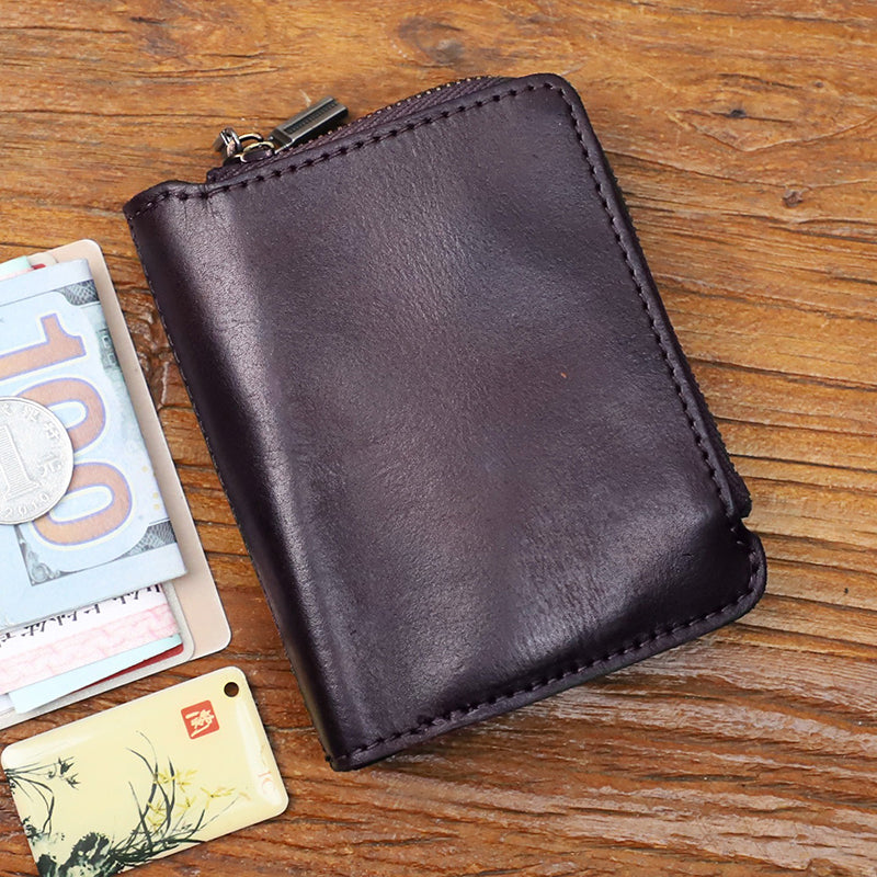 Retro Handmade Leather Zipper Solid Small Bifold Wallet