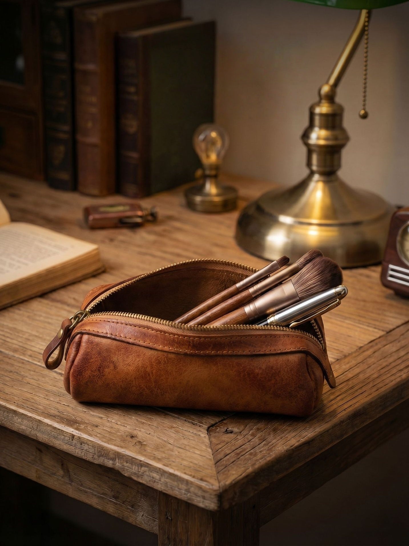 Retro Handmade Leather Pencil Case Travel Storage Bag Cosmetic Bag