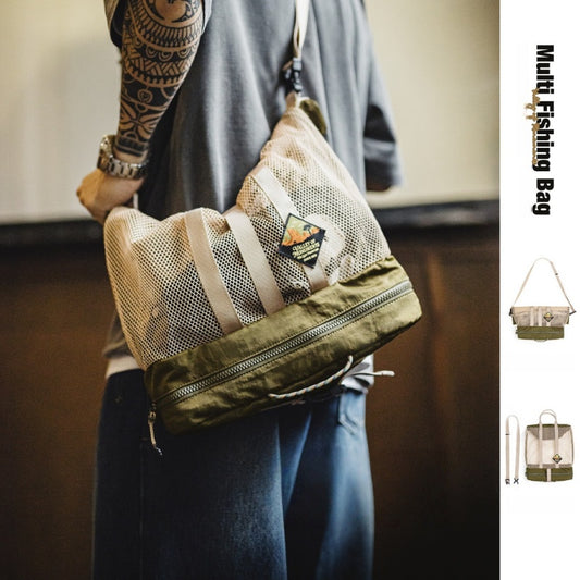 Retro Functional Foldable Fishing Bag Single-Shoulder/Crossbody/Handbag Messenger Bag