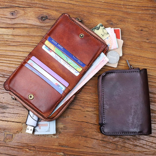 Retro Handmade Leather Zipper Solid Small Bifold Wallet