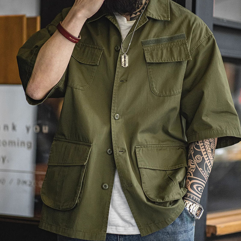 Retro Green Four-pocket Short-sleeved Shirt Military Style Shirt