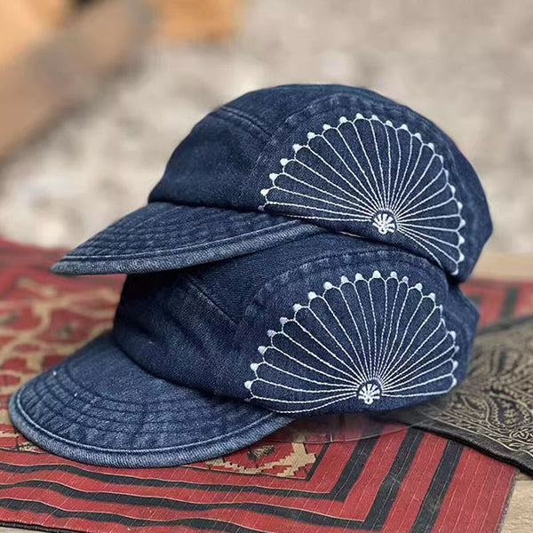 Retro Denim Embroidered Flip Hat Beret Adjustable Cap