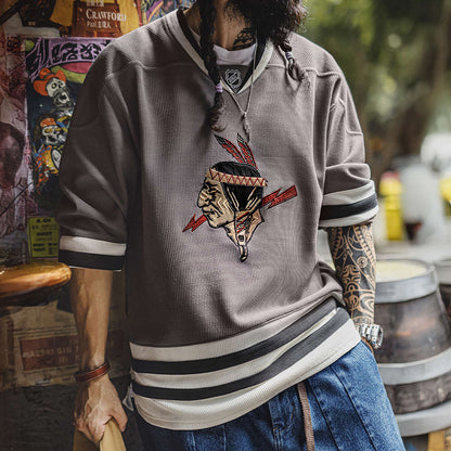 Retro V-neck Waffle Embroidered Knitted Sweatshirt Jacket