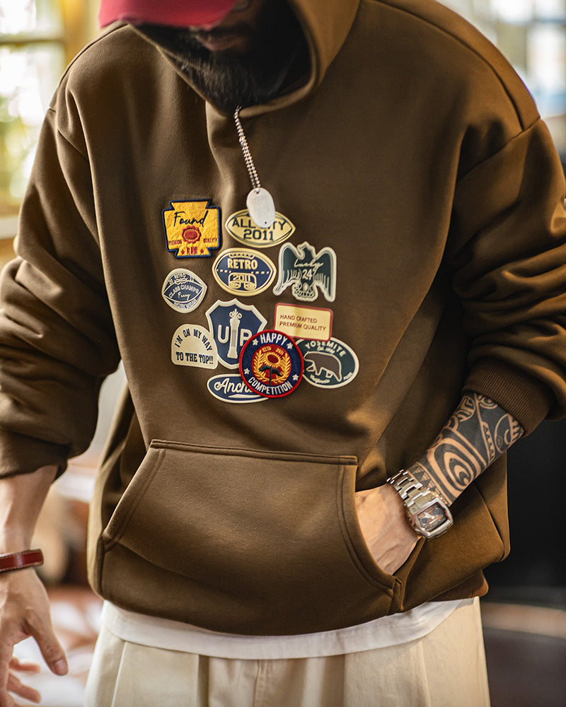Retro Badge Embroidered Warm Hooded Sweatshirt