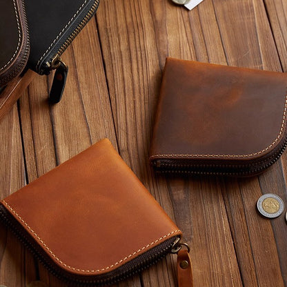 Original Hand-made Leather Short Zipper Wallet