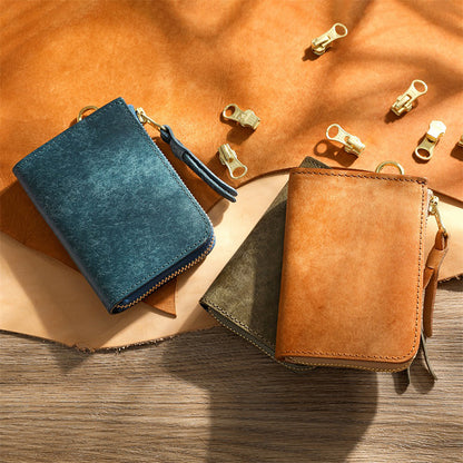 Retro Handmade Tanned Leather Short Zipper Wallet