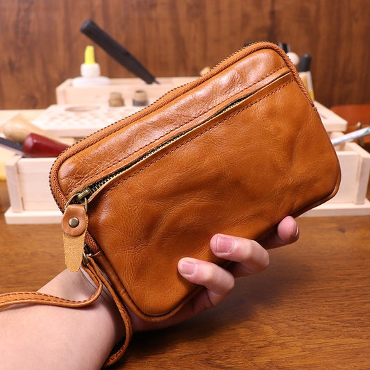 Retro Handmade Leather Zipper Long Wallet