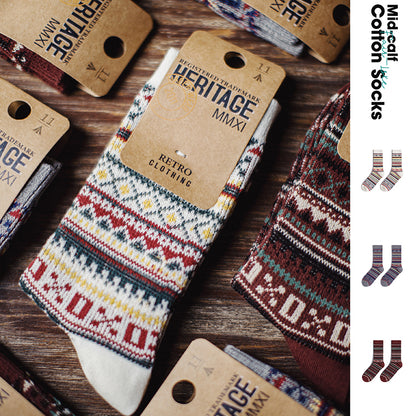 Retro Fair Isle Mid-calf Cotton Socks Ethnic Style Knitted Warm Socks