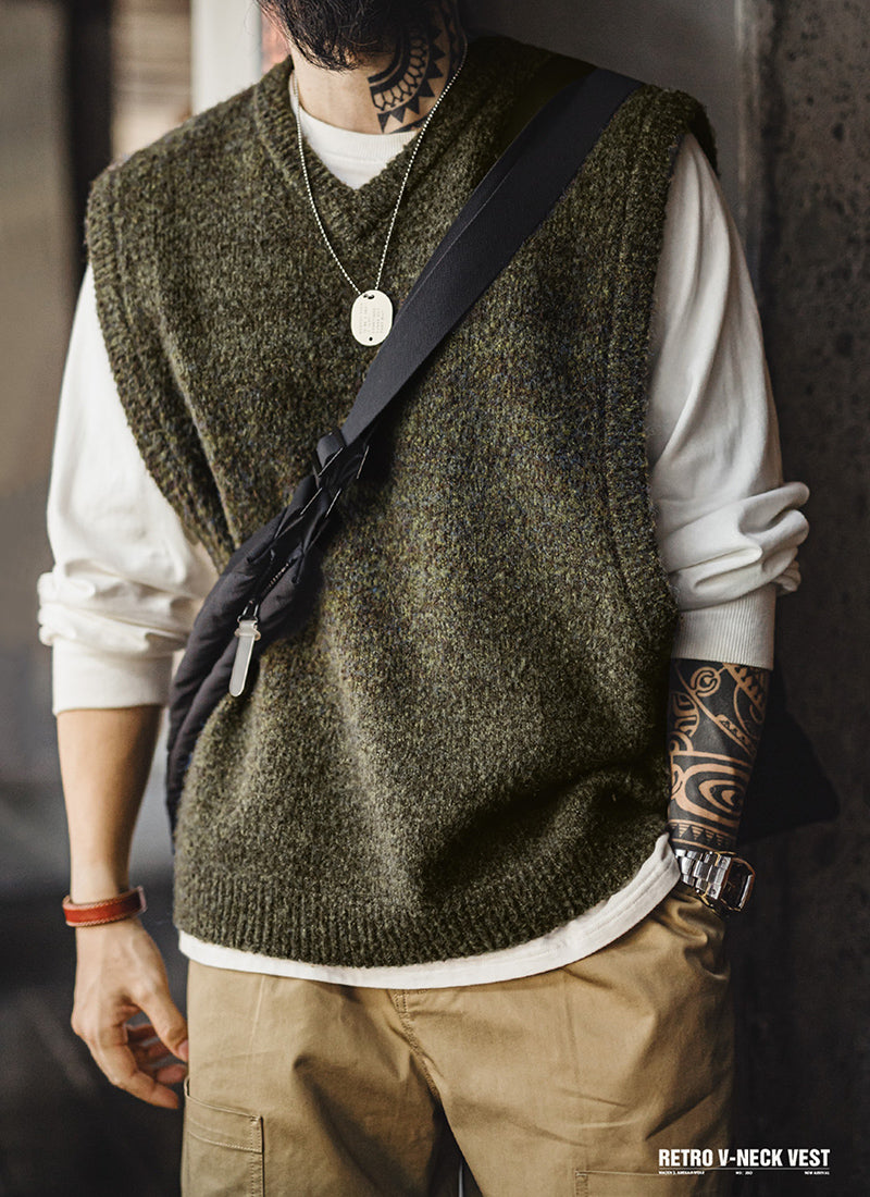 Retro Green V-neck Wool Vest