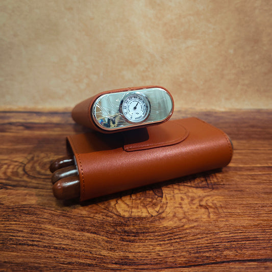 3-Cigar Genuine Leather Cigar Box with Top Hygrometer Display, Portable with Hygrometer Dial and Cedar Wood Lining